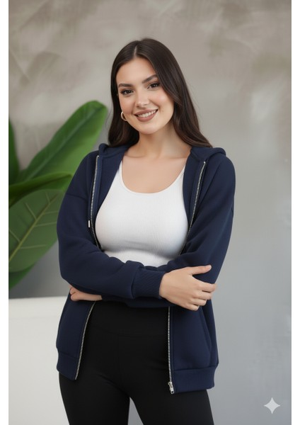 Kadın Genç Unisex Cepli Kapüşonlu Fermuarlı Sweatshirt Hırka
