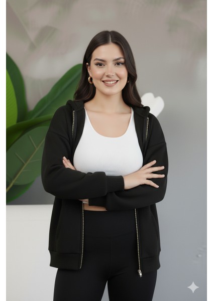 Kadın Genç Unisex Cepli Kapüşonlu Fermuarlı Sweatshirt Hırka