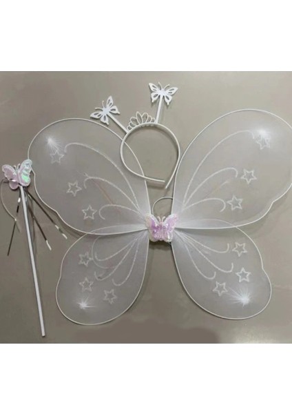 Beyaz Renk Kelebek Kanadı Tacı ve Sopası