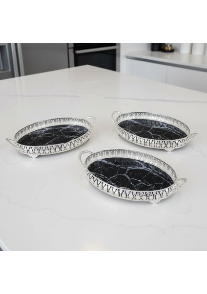 3 Adet Gümüş Renk Mermer Desen Metal Çerçeveli Cam Nişan-Servis Tepsi Seti - 28X19 cm