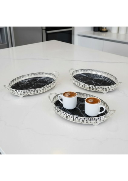 3 Adet Gümüş Renk Mermer Desen Metal Çerçeveli Cam Nişan-Servis Tepsi Seti - 28X19 cm modelleri