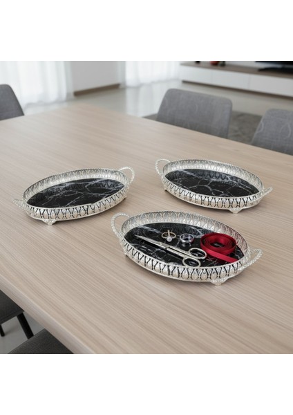 3 Adet Gümüş Renk Mermer Desen Metal Çerçeveli Cam Nişan-Servis Tepsi Seti - 28X19 cm fırsatları