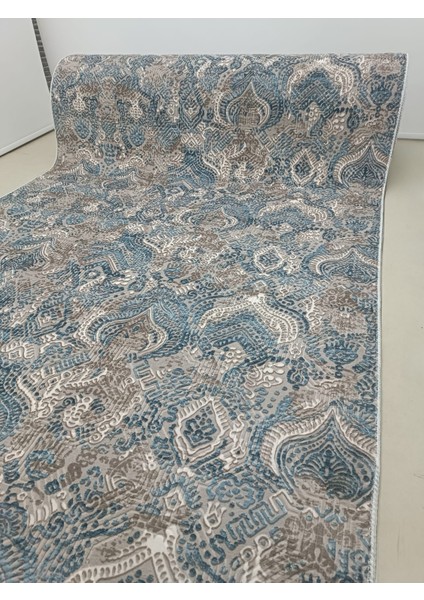 Dinar Saçaklı Diana Mavi Bej Kaymaz Taban Kesme Yolluk Halı Modern Desen