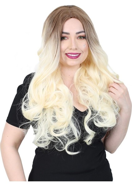 Yoğun Dalgalı Fiber Sentetik Uzun Perçemsiz Peruk / Açık Balköpüğü / Platin Ombreli