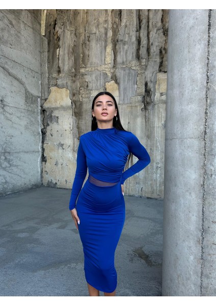 Esnek Sandy Kumaş Tül Dekolte Detaylı Dik Yaka Uzun Kollu Midi Boy Kalem Elbise Saks 583154 fiyatları