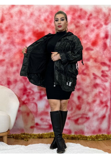 Kapüşonlu Mont Kadın Astarlı Desenli Kumaş, Büyük Beden Seçenekli, 80 cm Baharlık Günlük Şık Mont fiyatları