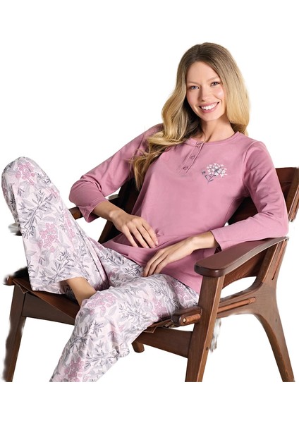 Over Sleep 3112 Kadın Büyük Beden Ön Üç Düğme Kışlık Pijama Takımı