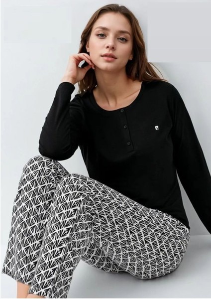 9069B Kadın Siyah Uzun Kollu Yarım Pat Pijama Takımı