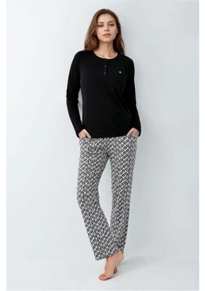 9069B Kadın Siyah Uzun Kollu Yarım Pat Pijama Takımı fiyatları