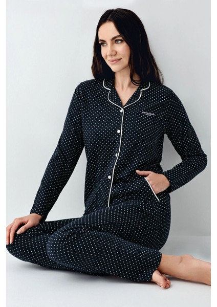 9092 Kadın Siyah Uzun Kollu Önden Düğmeli Gömlek Pijama Takımı