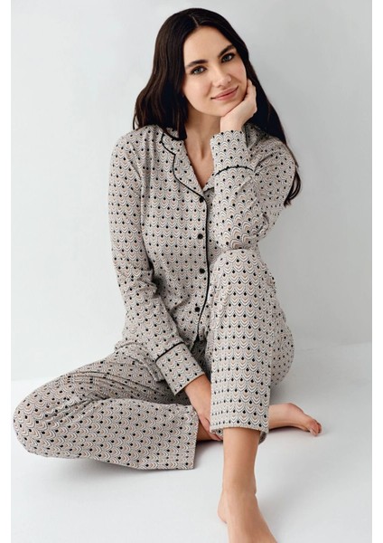 9103 Kadın Siyah Uzun Kollu Önden Düğmeli Gömlek Pijama Takımı