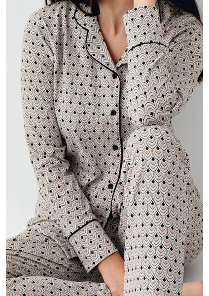 9103 Kadın Siyah Uzun Kollu Önden Düğmeli Gömlek Pijama Takımı fırsatları