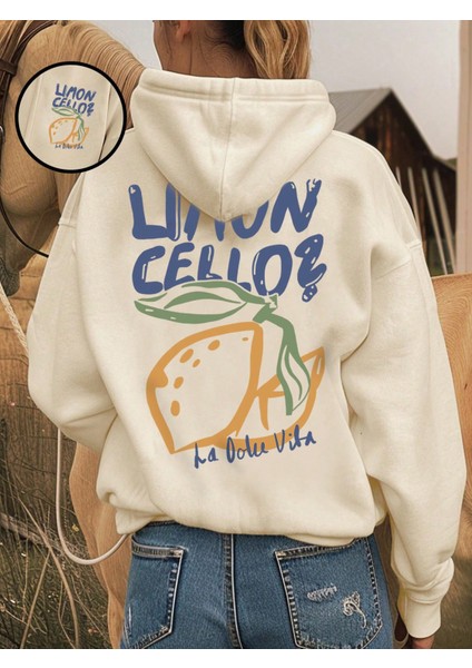 Kadın Baskılı Sweatshırt Kapüşonlu Oversize 3 Iplik Pamuklu