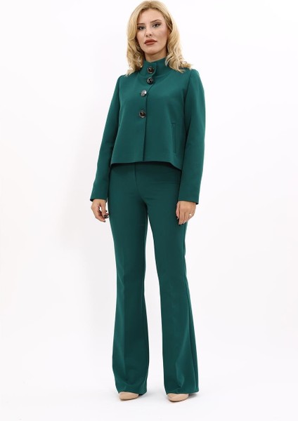 Boydan Düğmeli Mini Ceket & Ispanyol Paça Pantolon Takım-Zümrüt