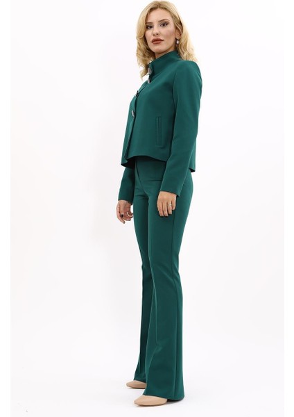 Boydan Düğmeli Mini Ceket & Ispanyol Paça Pantolon Takım-Zümrüt modelleri