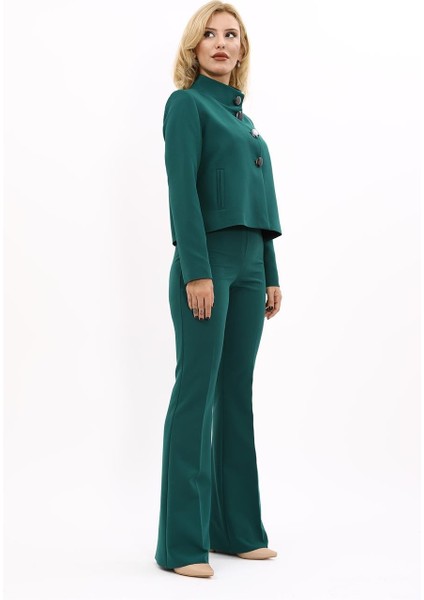 Boydan Düğmeli Mini Ceket & Ispanyol Paça Pantolon Takım-Zümrüt fırsatları