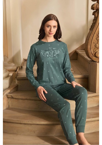 Kadın Lavin Ribana Manşetli Viridian Koton Pijama Takım 0593