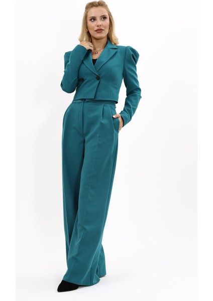 Drape Ceket & Yüksek Bel Bol Paça Pantolon Takım-Petrol