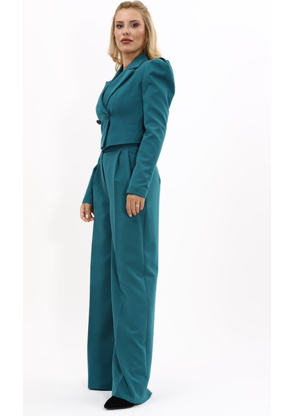 Drape Ceket & Yüksek Bel Bol Paça Pantolon Takım-Petrol fiyatları