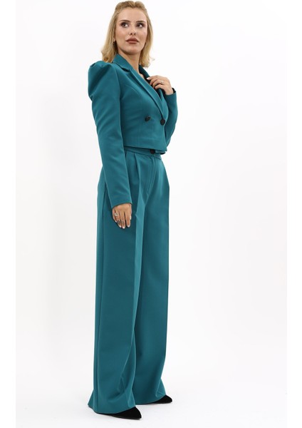 Drape Ceket & Yüksek Bel Bol Paça Pantolon Takım-Petrol modelleri