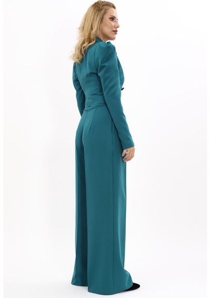 Drape Ceket & Yüksek Bel Bol Paça Pantolon Takım-Petrol fırsatları