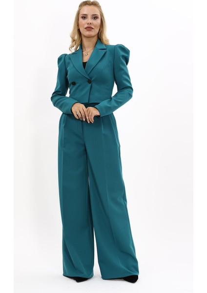 Drape Ceket & Yüksek Bel Bol Paça Pantolon Takım-Petrol indirimleri