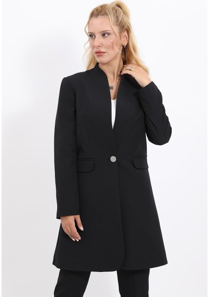 Kendinden Dik Yakalı Tek Düğmeli Uzun Ceket-Siyah