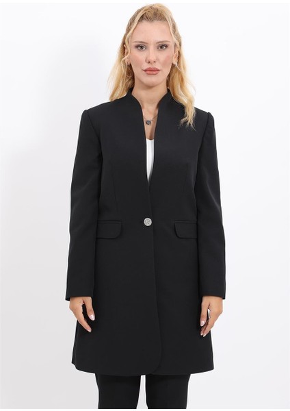 Kendinden Dik Yakalı Tek Düğmeli Uzun Ceket-Siyah fiyatları