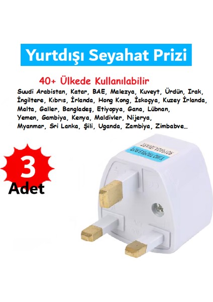 Hac Umre 40+Ülke Yurtdışı Seyahat Prizi Adaptör Fiş Topraklı G Tipi (3 Adet)