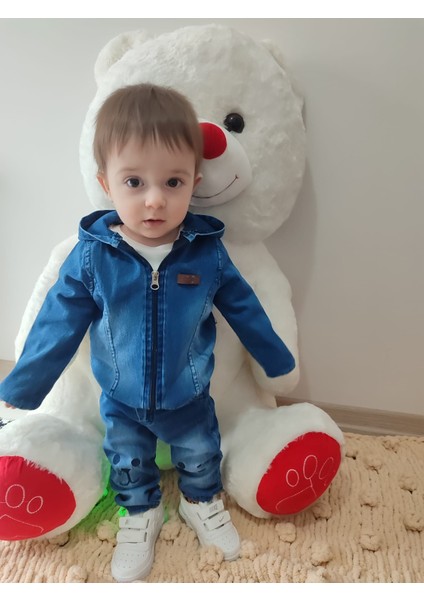 9-12-18-24 Ay Kot Kumaş Kapşonlu Uzun Kol Sweatli Kot Kumaş 3lü Erkek Bebek Takımı fiyatları