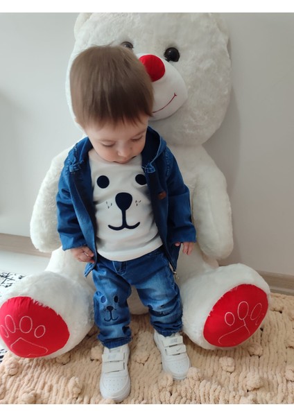 9-12-18-24 Ay Kot Kumaş Kapşonlu Uzun Kol Sweatli Kot Kumaş 3lü Erkek Bebek Takımı