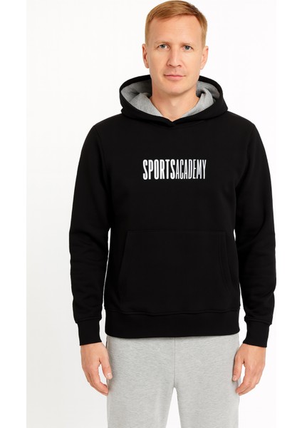 Unisex Academy Üç Iplik Kapüşonlu Önü Cepli Baskılı Sweatshirt Siyah