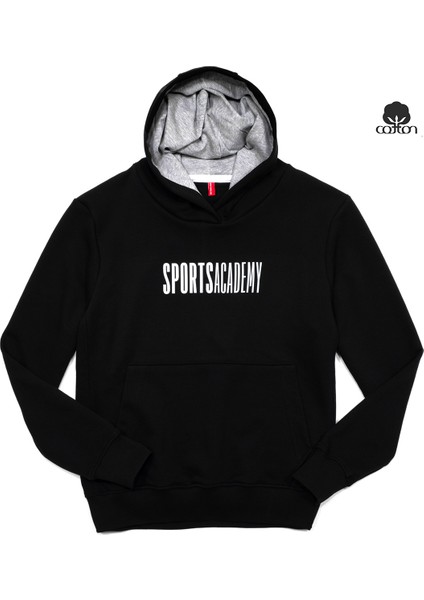Unisex Academy Üç Iplik Kapüşonlu Önü Cepli Baskılı Sweatshirt Siyah fiyatları