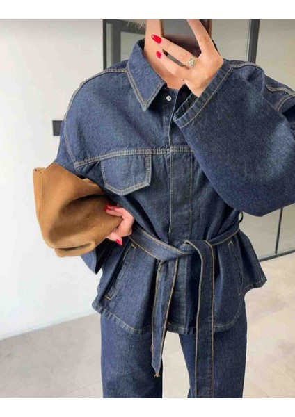 Kadın Beli Kuşaklı Ceket Pantolon Denim Takım fırsatları