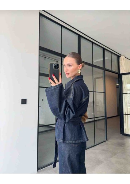 Kadın Beli Kuşaklı Ceket Pantolon Denim Takım indirimleri