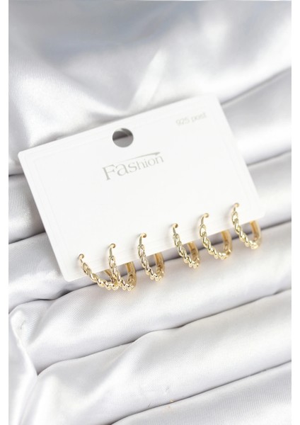 Bfs Gold Renk Burgu Halka Model 925 Ayar Gümüş Çivili Pirinç Küpe Seti