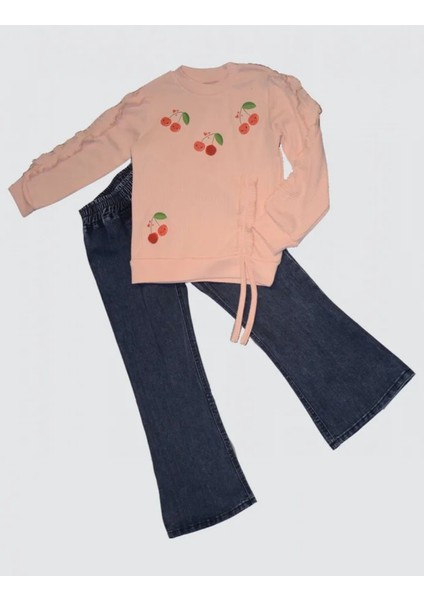 4-5-6 Yaş Kot Pantolonlu Kiraz Desenli Penye Sweat Uzun Kollu 2li Kız Çocuk Takımı Pudra