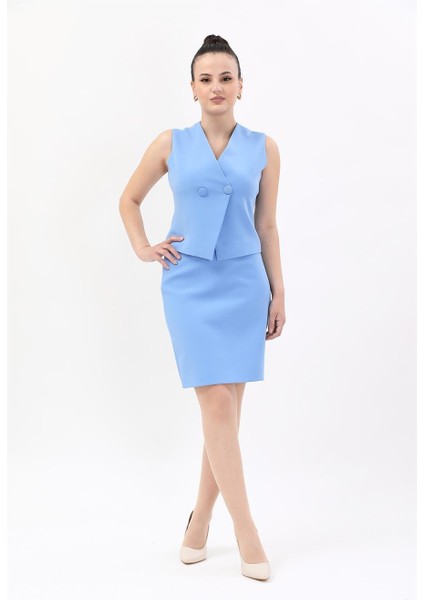 Kruvaze Çapraz Yelek & Yırtmaçlı Düz Dar Etek-Gökyüzü