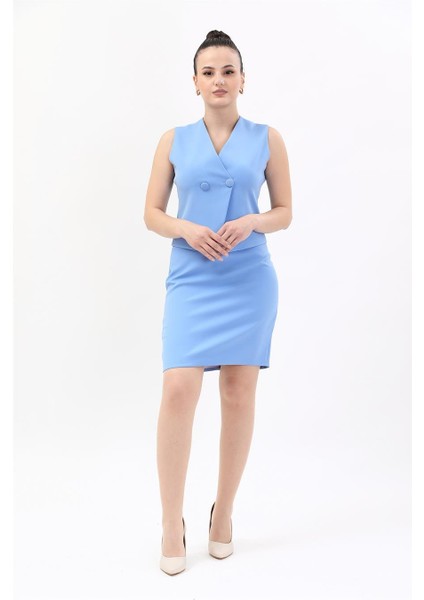 Kruvaze Çapraz Yelek & Yırtmaçlı Düz Dar Etek-Gökyüzü modelleri