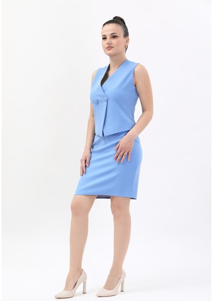 Kruvaze Çapraz Yelek & Yırtmaçlı Düz Dar Etek-Gökyüzü fırsatları