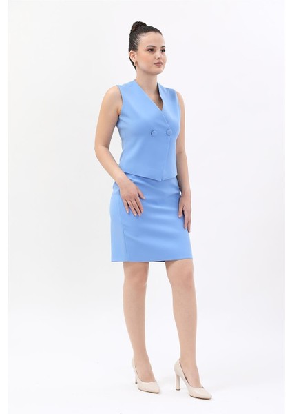 Kruvaze Çapraz Yelek & Yırtmaçlı Düz Dar Etek-Gökyüzü indirimleri