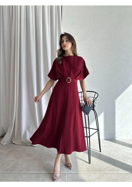 Kemerli Yırtmaçlı Kadın Bordo Elbise Midi 583292