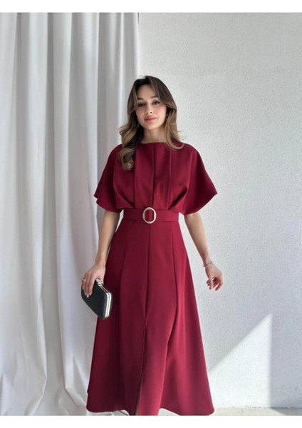 Kemerli Yırtmaçlı Kadın Bordo Elbise Midi 583292 fiyatları