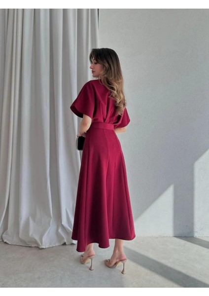 Kemerli Yırtmaçlı Kadın Bordo Elbise Midi 583292 modelleri