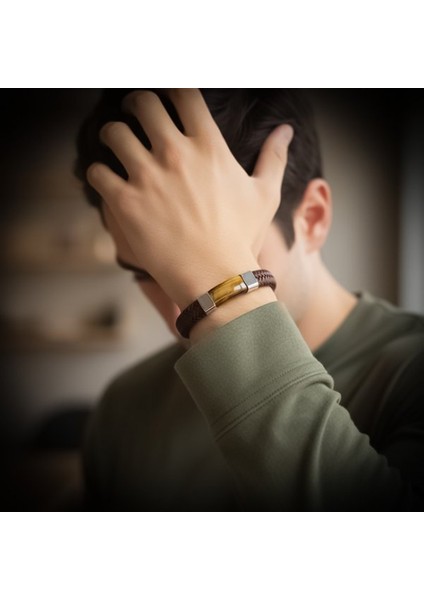 Kaplan Gözü Taşlı Kahverengi Deri Erkek Çelik Bileklik 31834B6D2 fiyatları