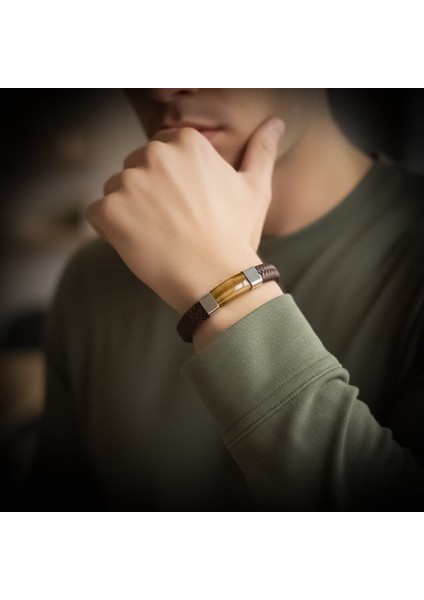 Kaplan Gözü Taşlı Kahverengi Deri Erkek Çelik Bileklik 31834B6D2 modelleri