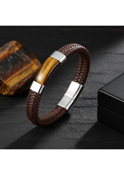 Kaplan Gözü Taşlı Kahverengi Deri Erkek Çelik Bileklik 31834B6D2 fırsatları