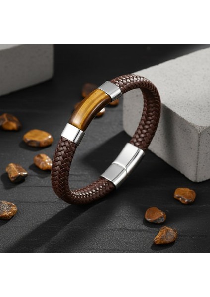 Kaplan Gözü Taşlı Kahverengi Deri Erkek Çelik Bileklik 31834B6D2 indirimleri