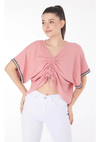 V Yaka Büzgülü Detaylı Bluz fırsatları