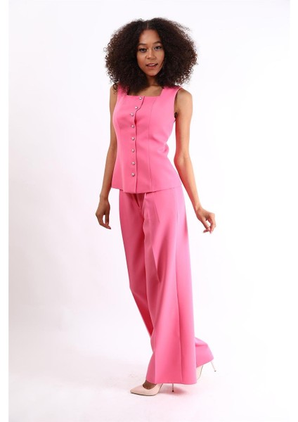 Boydan Düğmeli Yelek & Yüksek Bel Bol Paça Pantolon Takım-Pembe modelleri